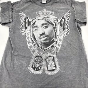 Vintage 90s Pro Crux Tupac Shakur Rap Tee RIP Angel King Dog Tag Chain Shirt XL